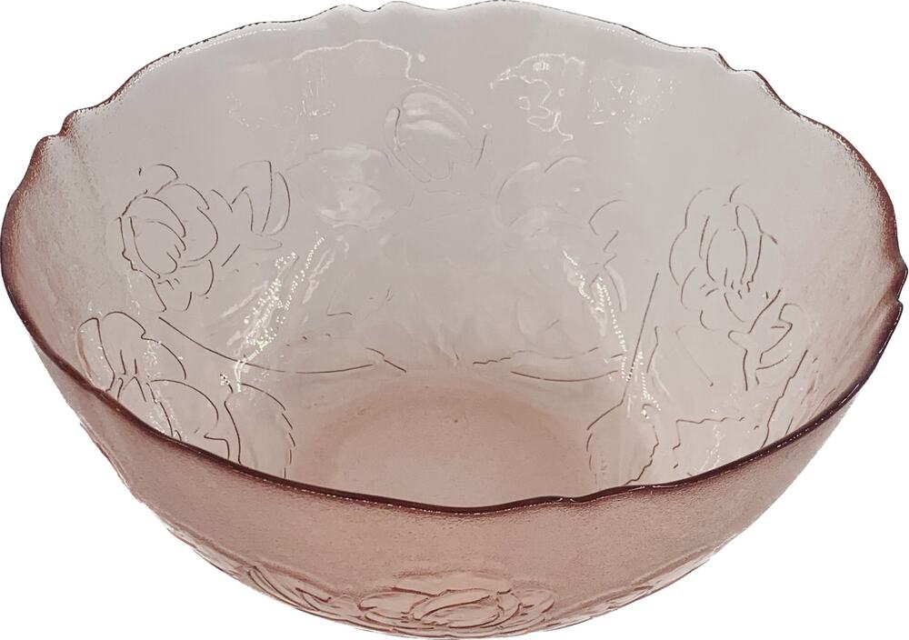 Arcoroc France Glass Bowl Pink Rosaline Pattern 9 Inch Large Serving Rosa Frost